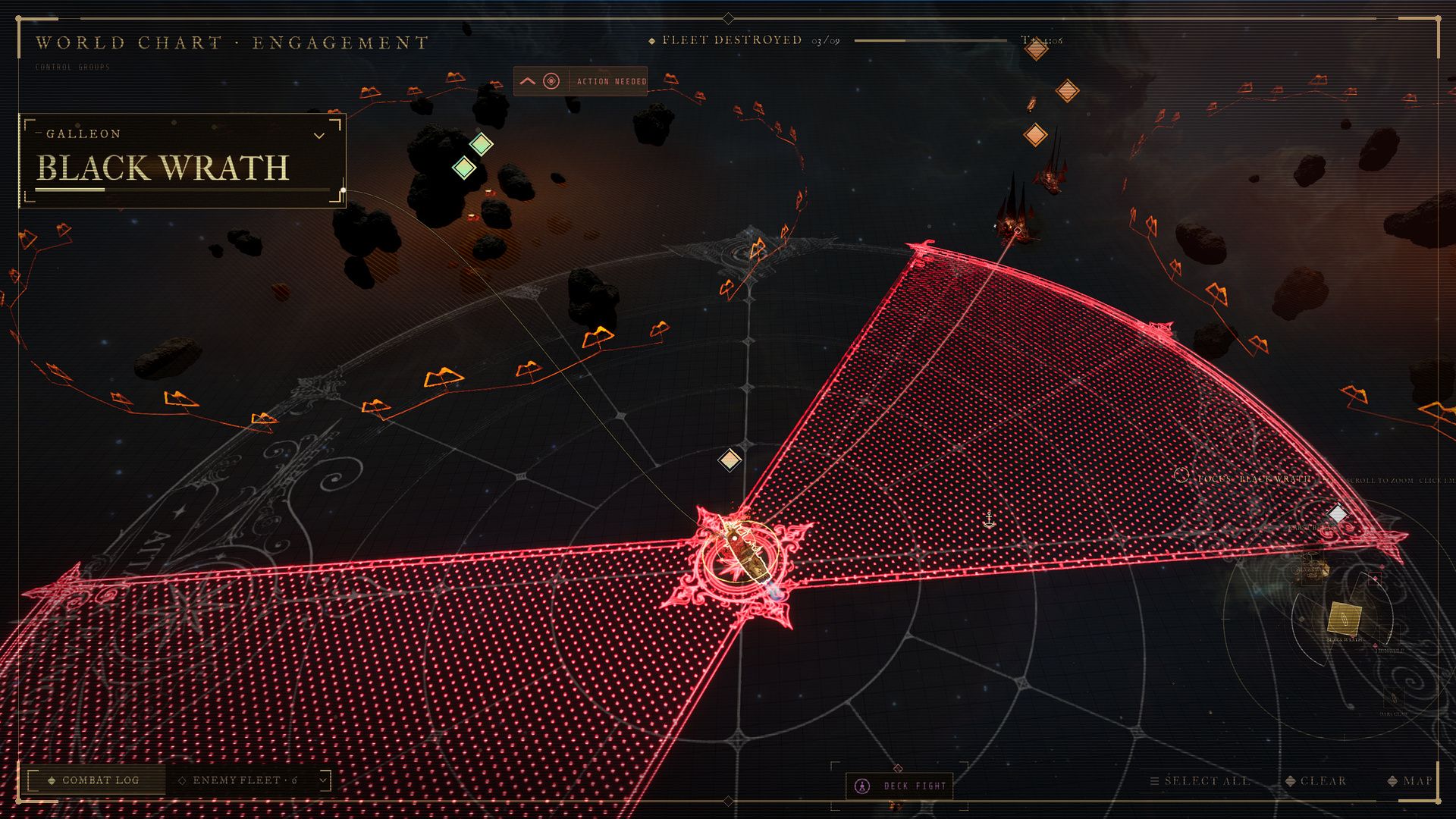 The Black Wrath's attack cone in naval combat